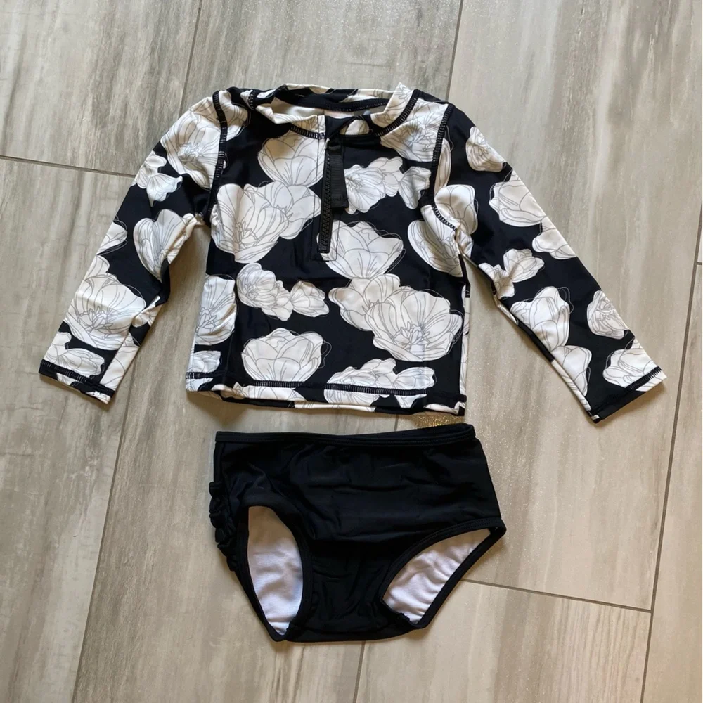 Ruffle Butts Black and White Floral Long Sleeve Bikini Set